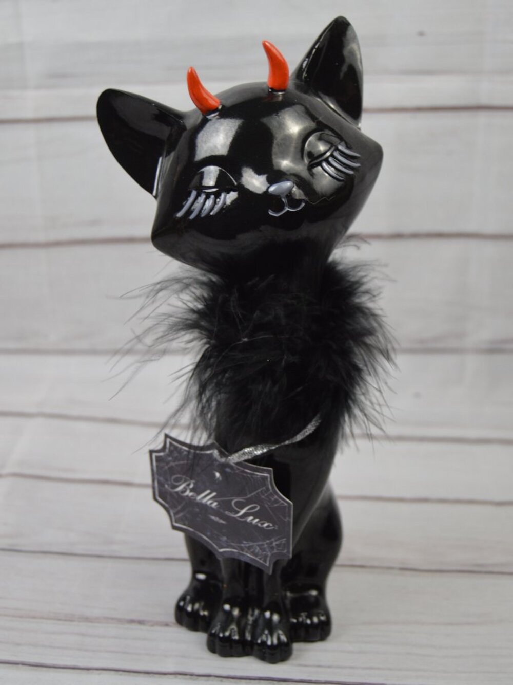 Bella Lux Devil Black Cat Halloween Figurine Feather Collar Gothic Decor NWT
